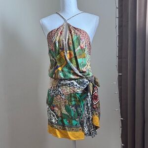 Farm Rio Colorful Halter Dress with Bird and Leaf Print Small